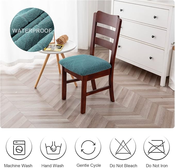 Genina Waterproof Seat Covers for Dining Room Chairs, Stretch Chair Covers Removable Washable Dinning Room Kitchen Chair Seat Cushion Slipcovers (Leaves-Peacock Blue, 6 PCS)