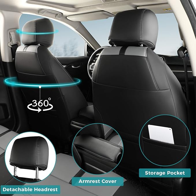 Seat Covers for Honda Civic Sedan LX 2016 2017 2018 2019 2020 2021, Faux Leather Car Seats Cover Full Set Waterproof, Black Grey (Solid Rear Seatback - No Rear Armrest)