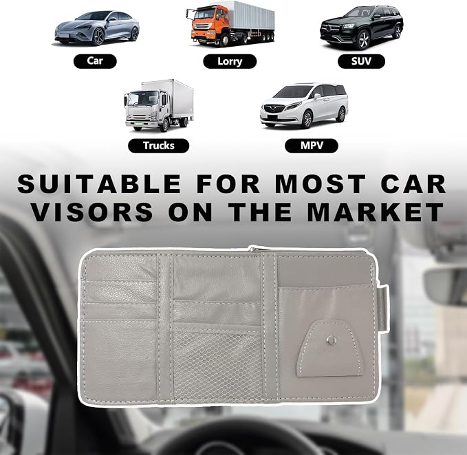 Ohleats Car Sun Visor Organizer, Multifunctional Visor Storage Holder for License Pen Key, Leather Card Cash Pouch with Multi-Pocket Net Zipper, Universal Interior Car Accessories (Gray)