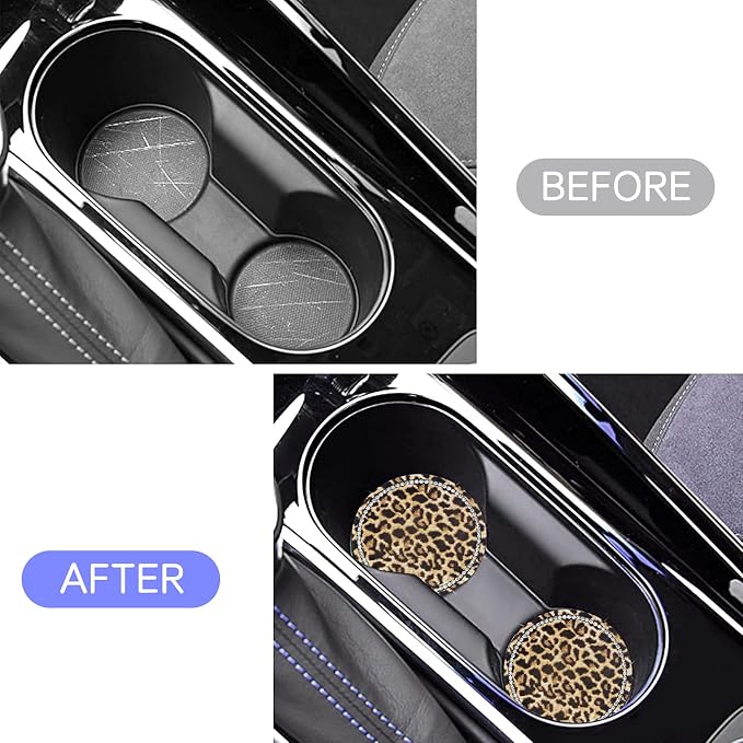 Leopard Print Bling Rhinestone Anti Slip Coasters - 2.75" Insert Suitable for Most Cars - 2PCS