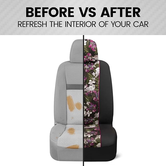 BDK Pink Flower Faux Leather Car Seat Covers for Front Seats, 2 Pack – Floral Pattern with Matching Headrest, Easy Installation, Fits Most Car Truck Van and SUV, Catalina Floral