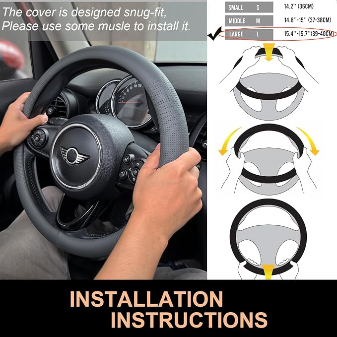 PINCTROT Large Size Nappa Leather Steering Wheel Cover, Slim Fit No Bulk Design, One Piece Leather with Breathable Perforation, Fit Like Gloves, 15.5-15.75 Inch(Nappa Dark Gray)