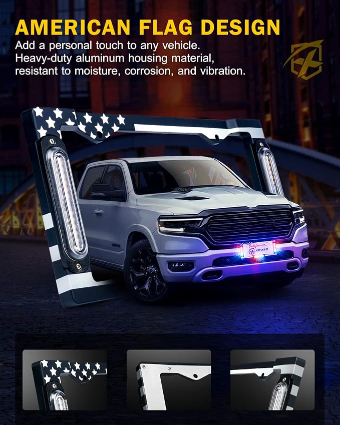 Xprite 36 LED License Plate Strobe Light, US Flag Front/Rear Utility Lights, 22 Modes Caution Frame for Construction Towing Snow Plow Pickup Work Trucks Cars - Multi Color (w/Pre-Installed 9FT Cable)