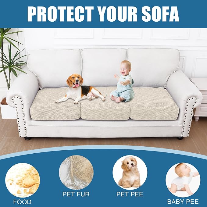 Smiry Waterproof Couch Cushion Covers, Stretch Jacquard Thick Sofa Cushion Covers, Washable Seat Slipcover Elastic Furniture Protector for Pets, Kid (3PC, Apricot)