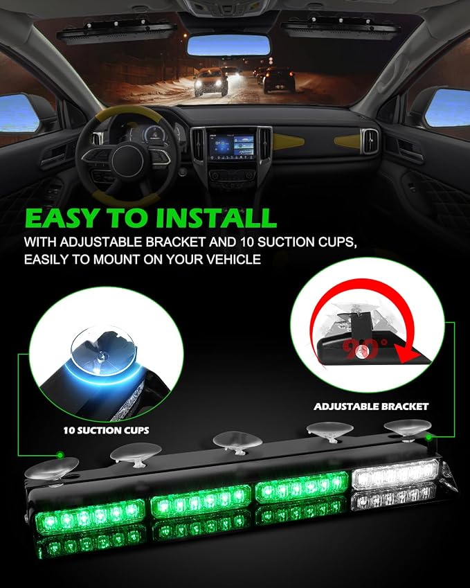HLauto 604N Emergency Dash Strobe Lights: 2x16.8 inch Green Security Light w/Take Down, 48 LED Safety Flashing Warning Hazard Interior Windshield Light Bar for Truck Vehicle