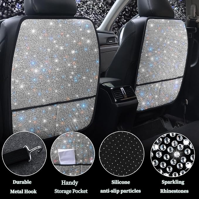 Bling Crystal Car Seat Back Kick Protectors with Storage, Sparkly Diamond Kick Mats, Universal Seat Protector for SUV and Automotive Crystal Auto Accessories for Women White 2pcs