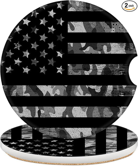 2 Pack Car Coasters for Cup Holders, 2.56" Universal Absorbent Ceramic Stone Car Cup Holder Coasters with Non-Slip Cork Base, Car Accessories for Women Men(Black Camouflage American Flag)