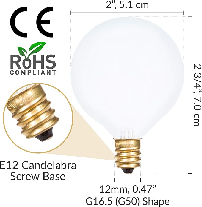 Simba Lighting Small Globe G16.5 40W E12 Frosted Glass 120V, 2700K, 10 Pack | Round Bulb, Candelabra Base, for Chandelier, Ceiling Fan Light, Decorative Vanity Lights, Wall Sconce, Warm White Dimmable