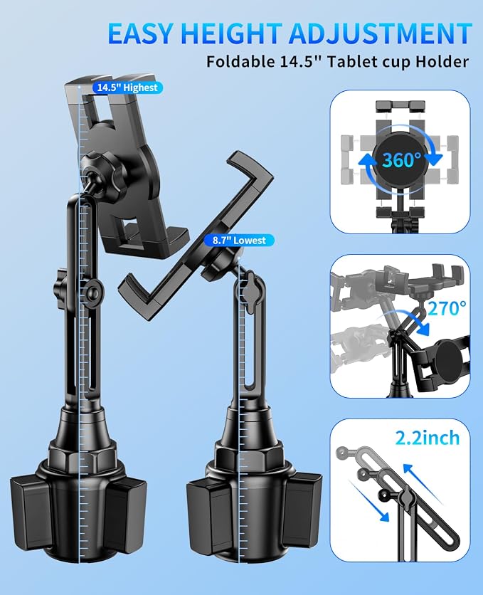 Tablet Holder for Car, Car Cup iPad Holder Mount, [Upgraded Version] Universal Cup Cradle, Long Adjustable Neck, for 4.7-13 Cell Tablet/Phone Stand for iPad, iPhone, Galaxy, Google, Switch and more