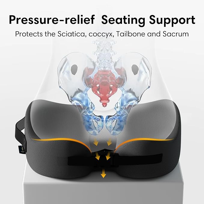 Large Memory Foam Seat Cushion for Office Chair, Car, Truck & Wheelchair - Sciatica, Coccyx & Tailbone Pain Relief Cushion for Long Sitting & Driving