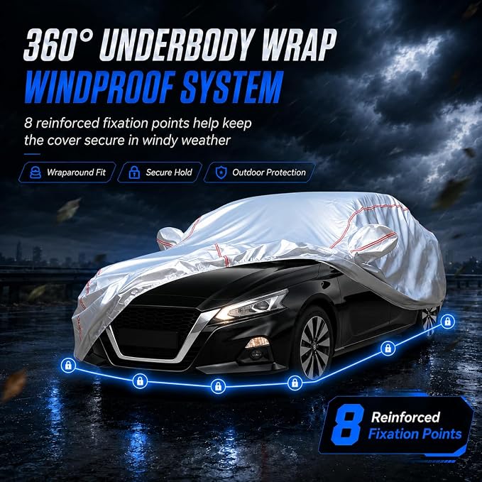 Waterproof All Weather Heavy Duty Vehicle Cover, 360° Underbody Wrap Windproof Design, Quick Install Outdoor Cover,（for Nissan Altima 2002-2025）