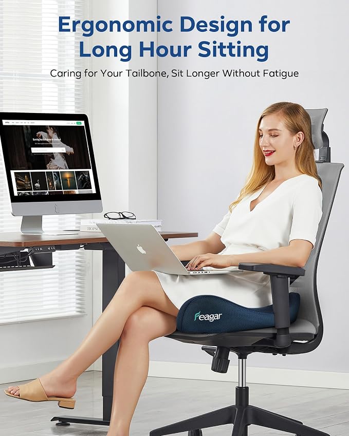 Feagar Seat Cushion for Office Chair - Memory Foam Tailbone Cushion for Desk Chair, Car Seat and Wheelchair - Ergonomic Chair Pad for Hip and Lower Back Comfort - Washable Mesh Cover Blue | Seat Cushion for Tailbone Pain Relief - for Desk Chair, Car& W...
