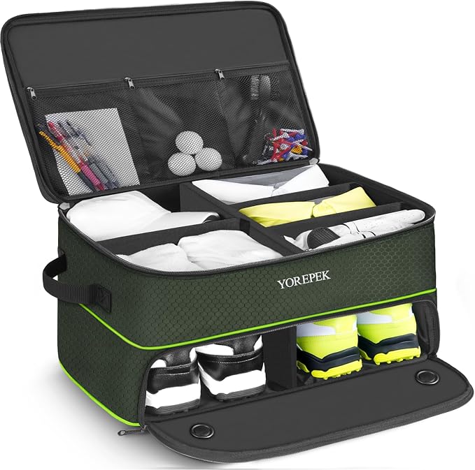 YOREPEK Golf Gifts for Men, 2 Layer Golf Trunk Organizer for 2 Pair Shoes | Waterproof Car Trunk Locker with Separate Ventilated Compartment for Balls, Tees, Clothes, Gloves, Birthday Gifts for Golfers