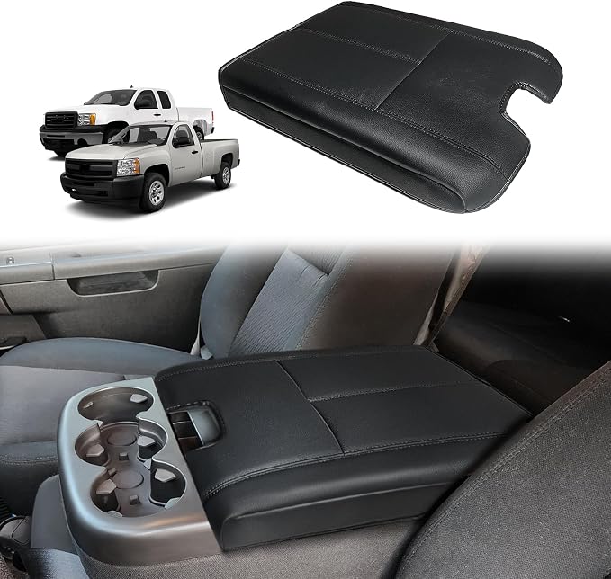 Muslogy Center Console Armrest Cover Fit for Chevy Silverado/Tahoe &GMC Sierra/Yukon/Suburban 2007-2013 Accessories, Comfort Armrest Pad Console Lid Cushion Vegan Leather Regular Thick(Jump Seat ONLY)