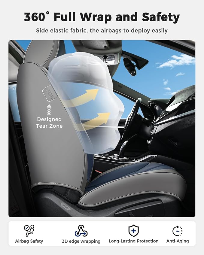 Huidasource Car Seat Covers, Universal Fit for Cars SUV Trucks, Gray&Blue | Full Coverage Leather Seat Cover, Airbag, Cupholder Compatible, Seat Function Retain, Easy Install with Velcro