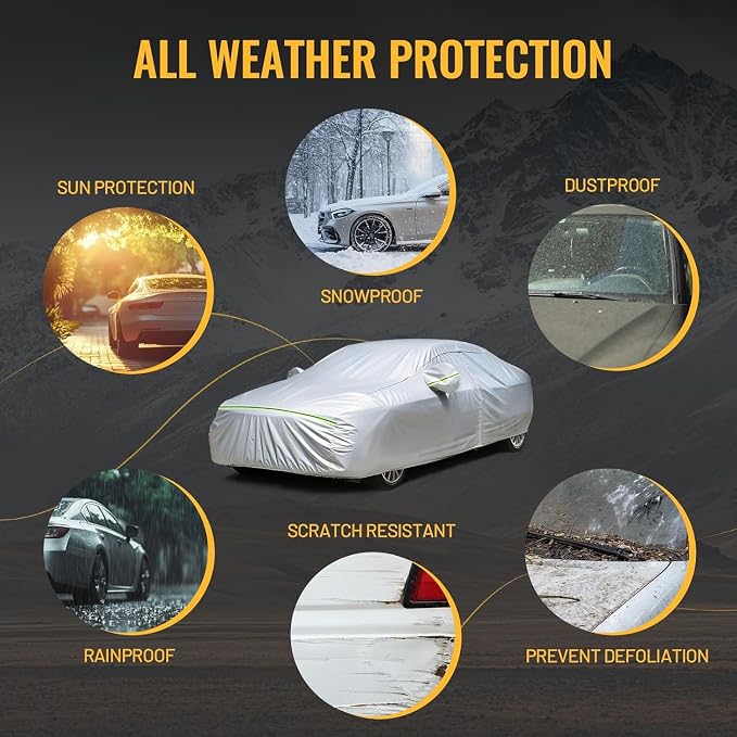 Favoto Car Cover Waterproof All Weather Windproof for Hatchback 157-171’’ | UV Protection, Soft Cotton Lining, Driver Door Zipper, Reflective Strips and Storage Bag Included with Vehicle Fitment Silver