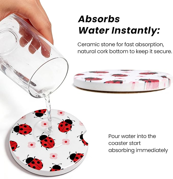 2 Pack Ladybug Car Coasters for Women Car Cup Holder Coasters, 2.63 Inch Anti Slip Ceramic Absorbent Coaster with Cork Base and Finger Notch, Funny Car Accessories Interior