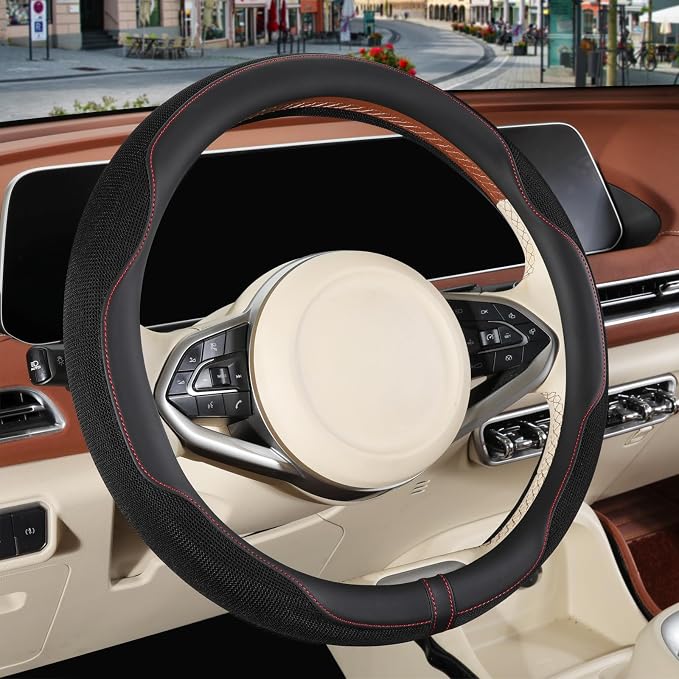 Nappa Leather Black Steering Wheel Cover Large 16 inch | Non-Slip Breathable Microfiber Leather and Ice Silk Fabric, Warm in Winter and Cool in Summer, 15.5 inch to 16 inch