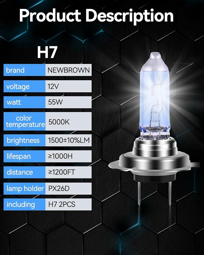 NEWBROWN H7 Headlight Bulb H7 Halogen Headlight Bulb 5000K Super White Light Long Life Replacement PX26D 12V/55W (H7, 2 Pack)