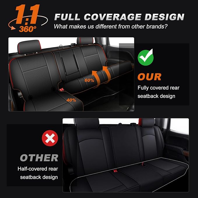 AOMSAZTO Truck Seat Covers for Chevy Silverado/GMC Sierra 1500 (2007-2013) 2500HD/3500HD (2007-2014) - Black with Red Trim Faux Leather Car Seat Cover Full Set(Rear 40/60 Split for Crew Cab)