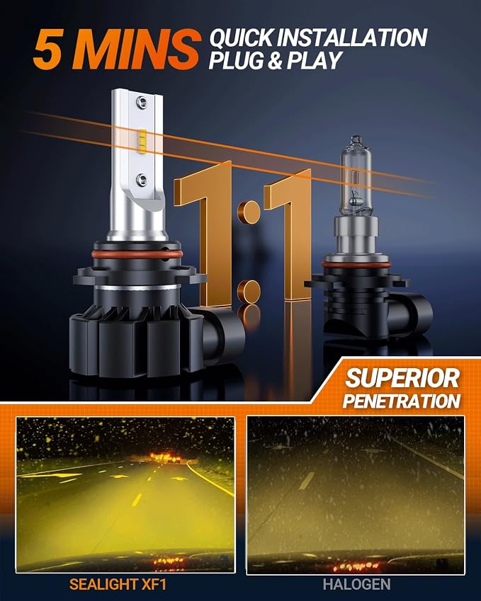 SEALIGHT 9006 LED Fog Light Bulbs Yellow, 18,000LM 3000K Yellow 9006 HB4 LED Fog Lights, High Heat Dissipation 9006 Led Bulb Yellow Replacement for Car, Trucks, RV Interior Lighting (Pack of 2)