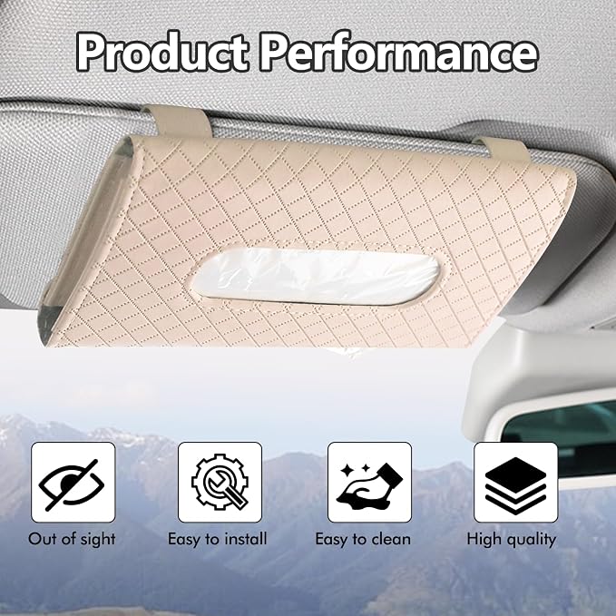 Wuyaoyao Car Tissue Holder, Auto Sun Visor Napkin Holder Mask Holder, Premium PU Leather Car Tissue Holder Visor Tissue Dispenser, Universal Sun Visor Tissue Box for Most Vehicle (Plaid-Beige)