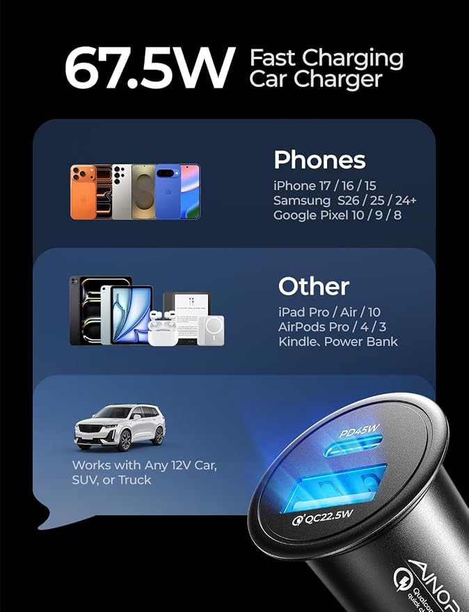 AINOPE 67.5W Cigarette Lighter Adapter Car Charger USB C Fast Charging | [Mini & Metal] PD&QC Cigarette Lighter USB Charger 12V Outlet Plug Socket for iPhone 17 16 15 14 Pro Max, Samsung S26 S25