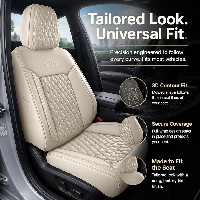 Beige Thick Nappa Leather Automotive Front Car Seat Covers Set of 2 | Univerasal Precision Fit,3D Contoured,Full Coverage,Waterproof,ThickTexture Nappa Leather,for most Suvs Trucks Sedans