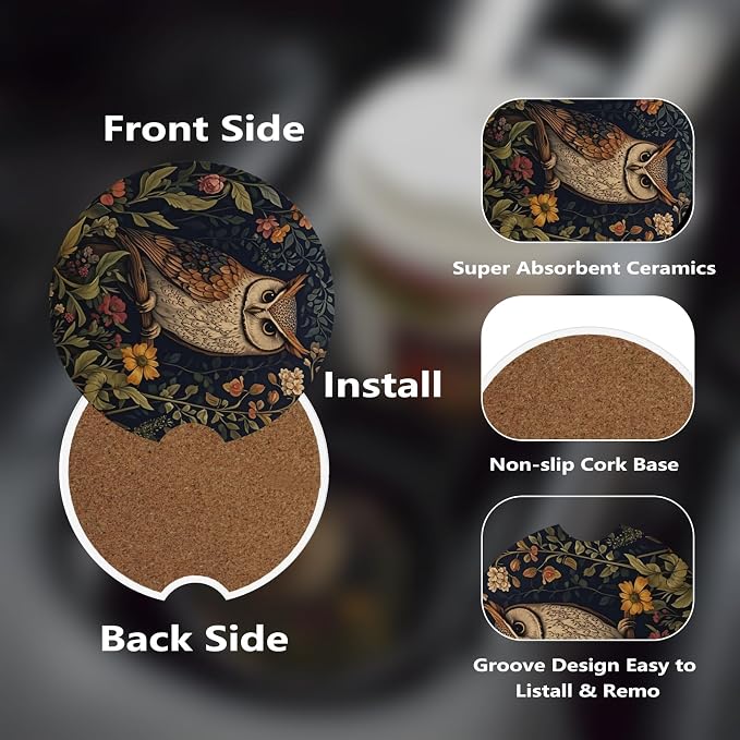 Ceramic Car Cup Coasters 2PCS - Owl | with Cork Back & Finger Slot, Anti-Slip Shock Absorbing, Universal Car Interior Accessories for Men Women