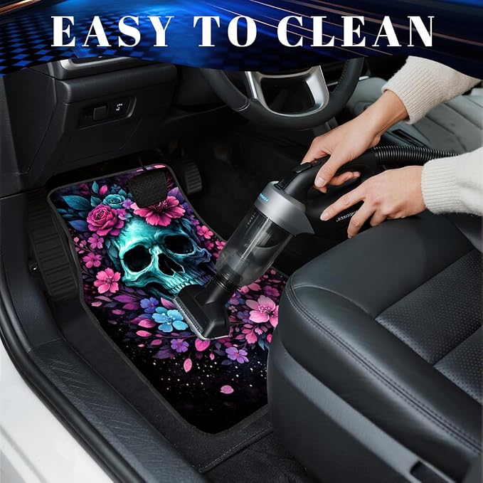 Skull Car Floor Mats Set of 4 Floral Gothic Dark Bloom Art Carpet Front Rear Carpets Mat Decorative Car Floor Carpets Non-Slip Auto Car Accessories Universal Fit for Car SUV Truck Van