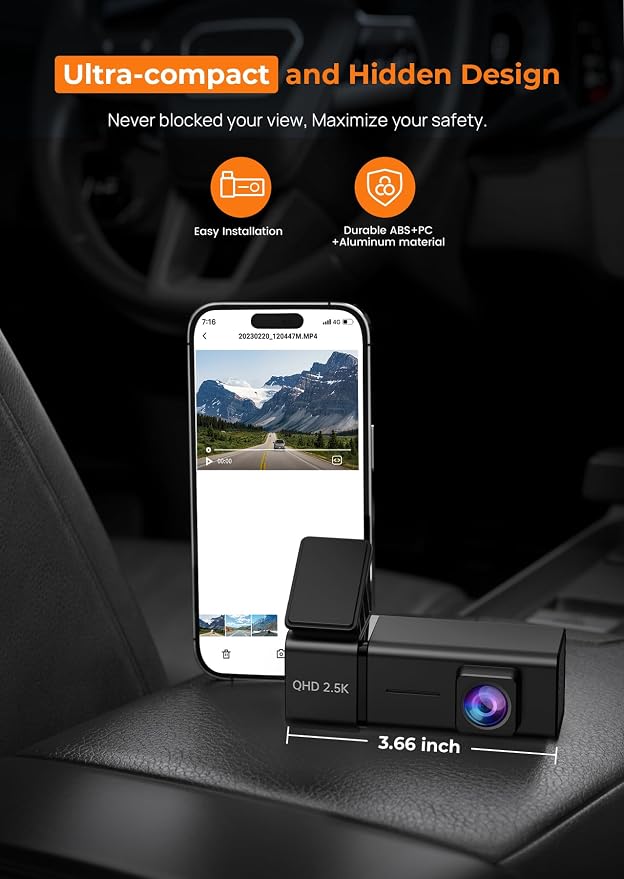 Dash Cam Front Camera for Cars, 2.5K WiFi Dash Cam, 1.47" Screen, 256GB Max | App Control, 160° Lens, Night Vision, G-Sensor, Smart Voice, Loop Recording, 24H Parking, Simple Setup, SD Card Not Included