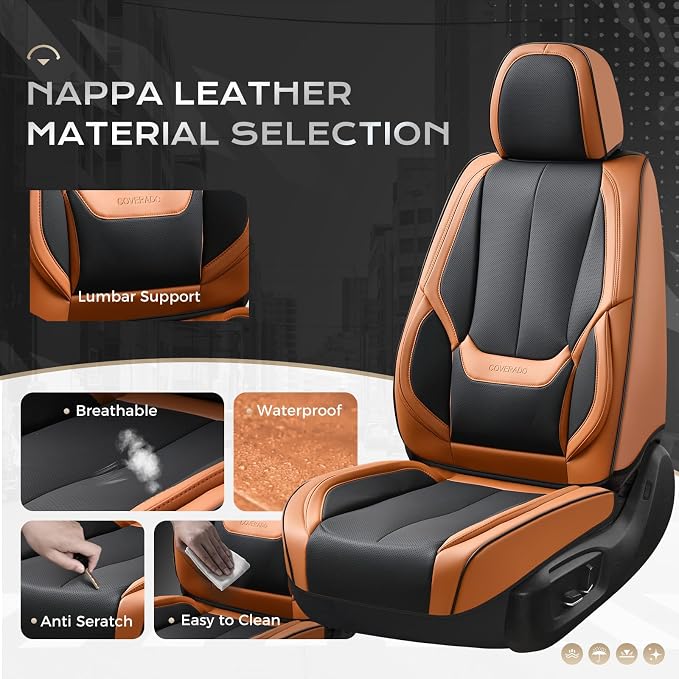 Coverado Car Seat Covers Full Set, Car Seat Protector Waterproof, Nappa Leather Car Seat Cushion, Seat Covers for Cars, Front Seats and Back Universal Fit for Most Cars