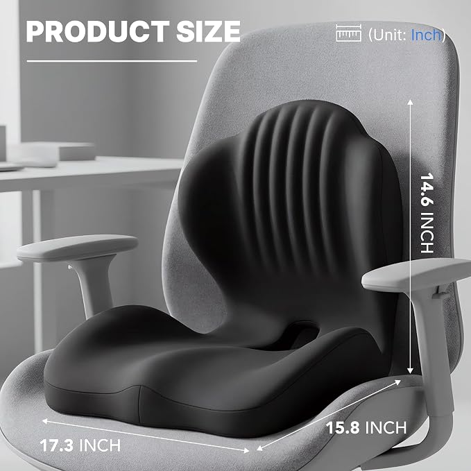 Ergonomic Seat Cushion, Office Chair Seat Cushions with L-Shaped Design, Memory Foam Orthopedic Cushion with Coccyx Hollow, Lumbar Support & Tailbone Pain Relief for Car, Truck, Gaming Chair (Black)