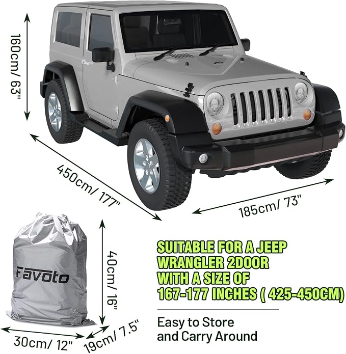Favoto Car Cover All Weather for Jeep Wrangler 2 Door Waterproof | 6 Layers Heavy Duty Outdoor UV Rain Snow Protection with 4 Windproof Straps Zipper Universal Fit for Jeep (167"-177")
