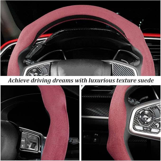 Car Steering Wheel Cover, Soft Brethable Suede Non-Slip Vehicle Steering Wheel Protector, Comfortable Sporty Auto Interior Protection Accessories, Universal for Truck SUV Van (Bordeaux Red)