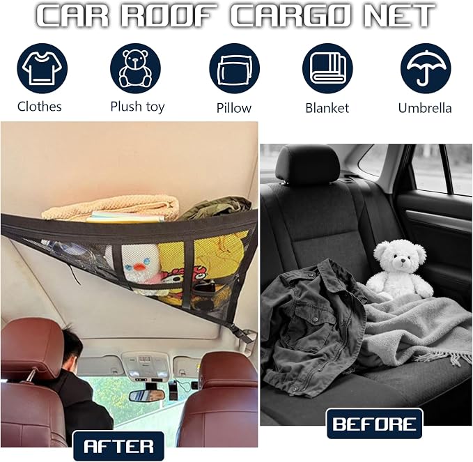Car Ceiling Cargo Net, 28.74"×20.87" Double-Layer Mesh Car Roof Storage Organizer, Auto Interior Roof Cargo Net for SUV Truck Van, Camping Accessories, Road Trip Essentials (Black)