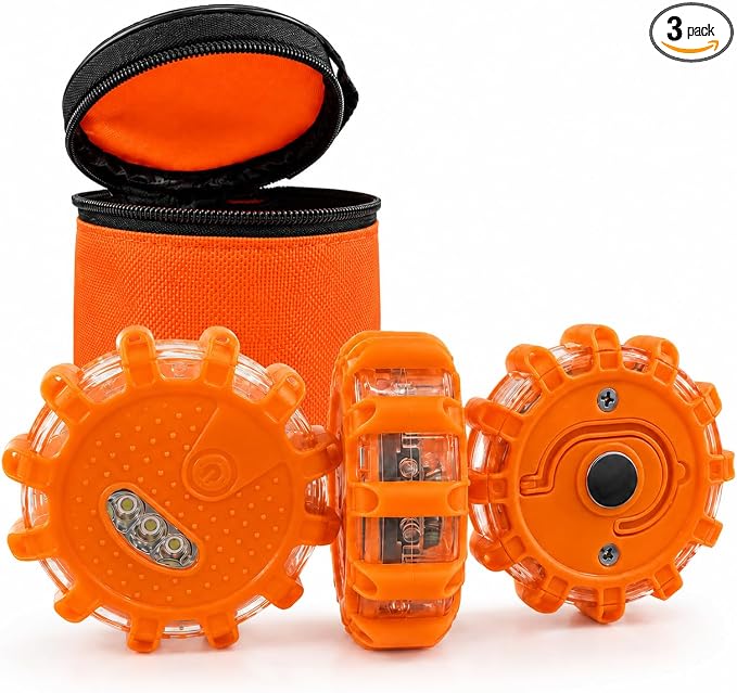3 Pack LED Road Flares Emergency Lights, Magnetic Roadside Warning Lights with 9 Flash Modes, Hook, Carrying Case, Water Resistant Safety Beacon for Cars, Trucks, RVs, Boats