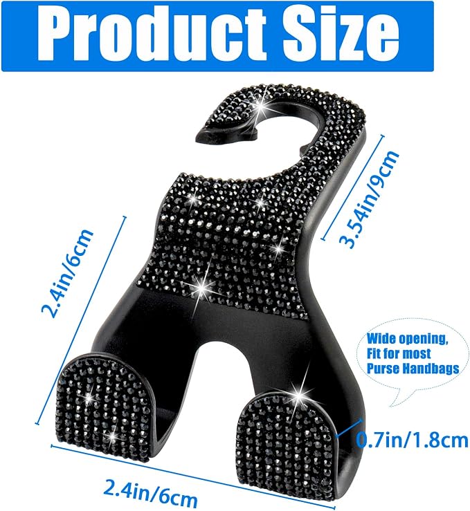 Bling Car Purse Hooks 2Pcs, Rhinestones Car Headrest Hook Backseat | Double Hooks,Holds 44Lbs,Wide Opening,Durable Nylon,Car Seat Hook,Purse Holder,Bling Car Accessories for Women,Black