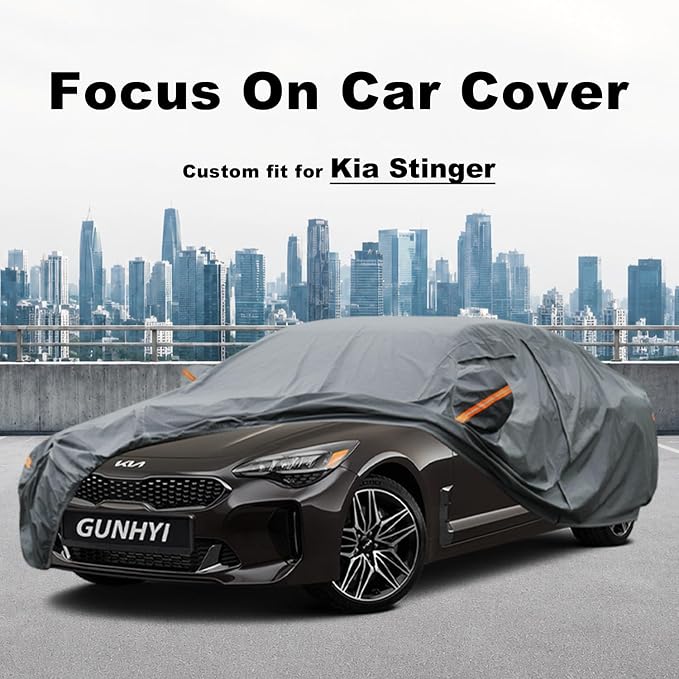 GUNHYI Premium Car Cover Custom Fit Kia Stinger, 16 Layers Heavy Duty Car Cover Waterproof All Weather with Zipper Door for Sun Rain Snow Dust Uv Protection