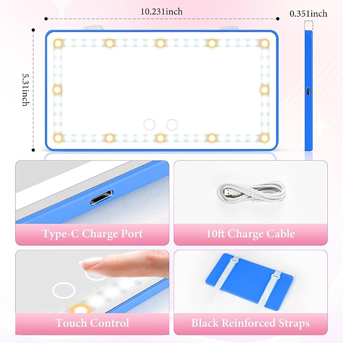 SINGARO Car Sun Visor Vanity Mirror - Rechargeable Makeup Mirror with 60 LEDs, 3 Light Modes & Dimmable Touch Control for Cars, Trucks, SUVs, Car Interior Accessories for Women (Blue)