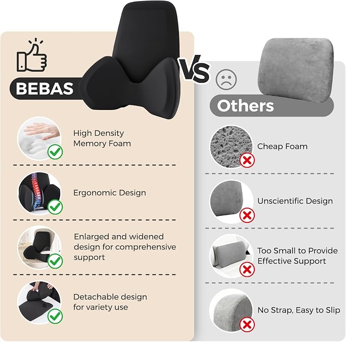 BEBAS Ergonomic Lumbar Support Pillow for Car, Memory Foam Back Support for Lower Back Pain Relief, Detachable Lumbar Cushion for Driving, Extended Lumbar Pillow for Car Seat, Office Chair -Black