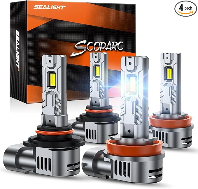 SEALIGHT 9005/HB3 H11/H8/H9 Bulb 10x Brightness 140,000LM Wireless, HB3 H9 Lights With Cooling Fan, 1:1 Subsize Quick Installation 70000Hrs Lifespan, Headlight Eyebrows, Pack of 4