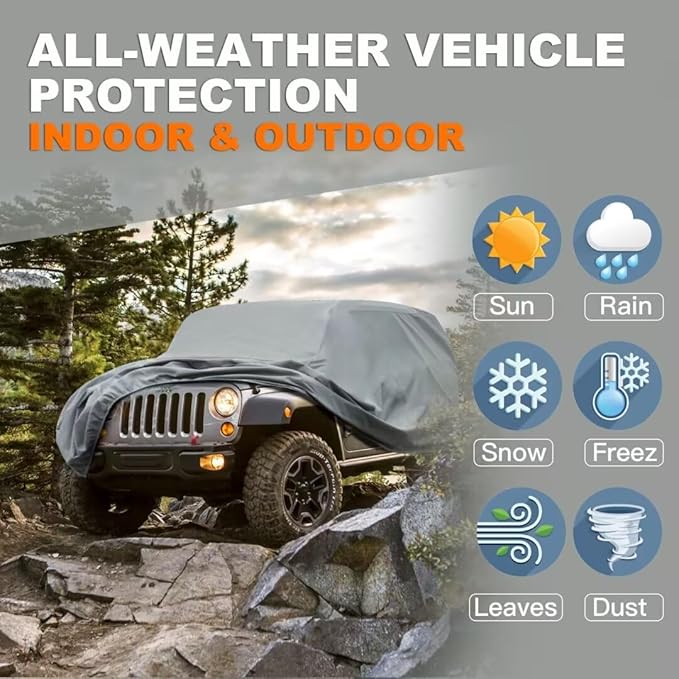 Kayme Heavy Duty Jeep 4dr Car Cover, Custom Fit Jeep Wrangler Unlimited 4 Door JK JL Rubicon/Sahara,etc Waterproof All Weather for Automobiles, Full Car Cover - Sun, Rain & UV Protection