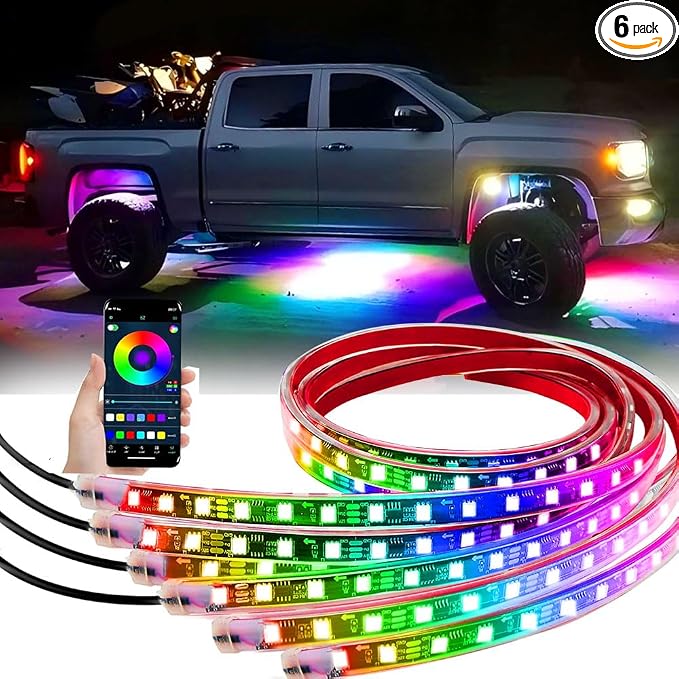 Underglow Lights for Car, 6 Pcs Led Strip Lights with RGB Dream Color Chasing, APP Control 12V Flexible LEDs Underbody Lights, Waterproof Underglow Led Light Kit
