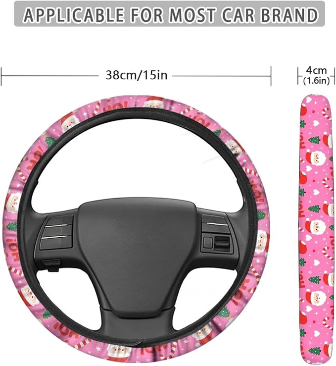 AFPANQZ Steering Wheel Cover for Women Sweat Absorbing Non-Slip Protection | Santa Claus Pink Print, Universal Fit Most Car Sedans SUVs, Comfort Grip Breathable Steering Wheel Protector