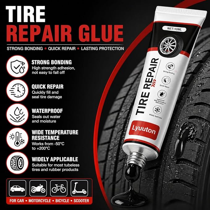 Tire Repair Kit with Tire Glue & Rubber Cement - Heavy Duty Tire Repair Glue for Car, Truck, Motorcycle - Fix a Flat Tire Sealant & Puncture Plug Kit - Durable Tire adhesive Sidewall Repair 2pcs