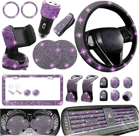27PCS Bling Car Accessories Set for Women, 14.5-15" Crystal Rhinstone Steering Wheel Cover, License Plate Frame, USB Charger Phone Holder, Girly Auto Interior Decor Set, Universal Fit (Purple)
