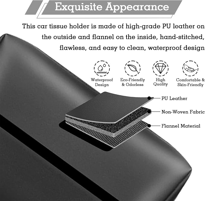 Car Tissue Holder, Car Standard Tissue Holder, Upgraded PU Leather Multi-Functional Car Tissue Box, Keep Car Tidy, for Sun Visor, Backseat, Armrest, Center Console (Black)