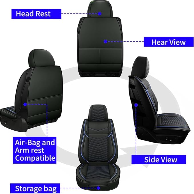 HChengkikz Front Car Seat Cover, Faux Leather, Waterproof (Black+Blueline) | Easy Maintenance, Airbag Compatible, Universal Fit For Most SUVs Trucks Pick-ups Sedans