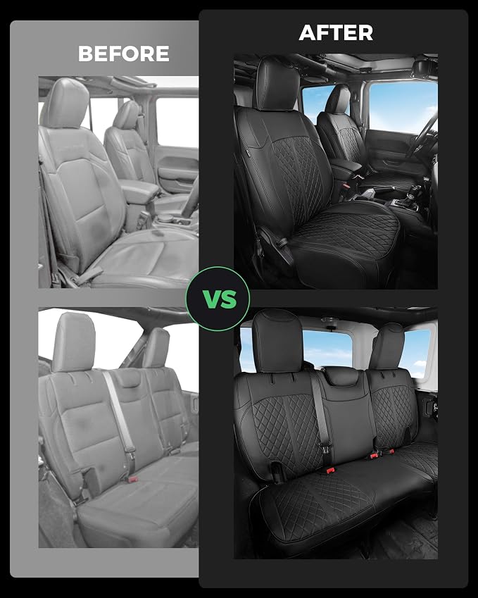 for Jeep Wrangler Seat Covers 4Door JL 2018 2019 2020 2021 2022 2023 2024 2025 2026, Custom Fit Car Seat Cover Full Set, Luxury Waterproof Leather Seat Protectors, Black, W/O Rear Cup Holder